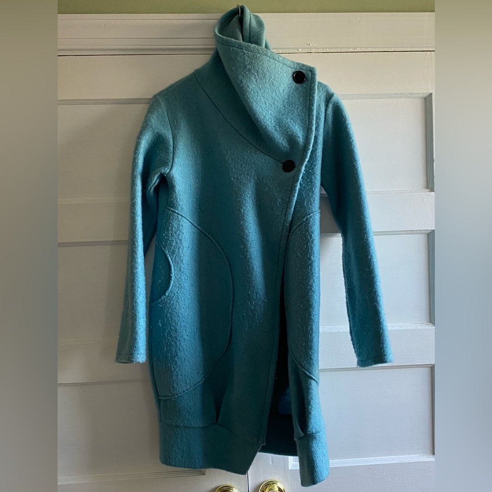 Italian Handmade Asymmetrical Aqua Blue Wrap Coat. OS
